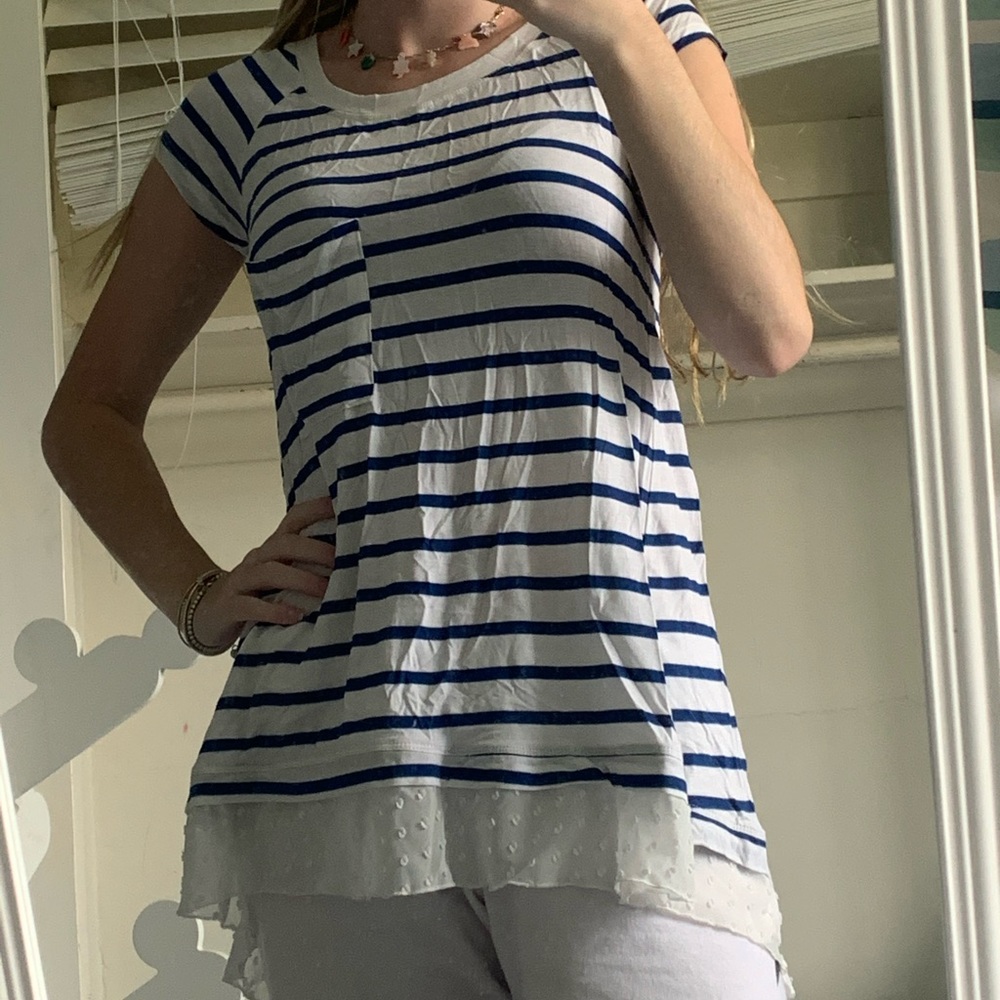 Blue and white striped tunic top